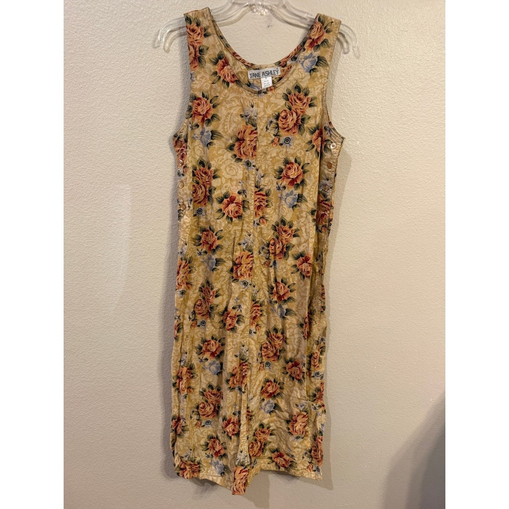 Jane Ashley Vintage 90s Floral Linen Cotton‎ Sleeveless Side Button Dress Small